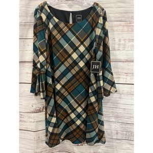 JH Collection Women XL Teal Plaid Bell Sleeve Shift Dress JC3M5382 NWT